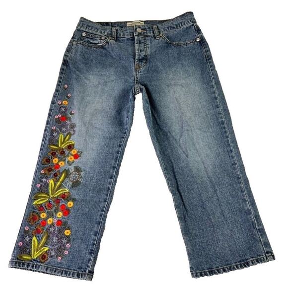 London Jeans Womens 8 30x20 Blue Embroidered Straight Leg Crop Denim Button Fly - Picture 1 of 13